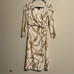Lauren Ralph Lauren White and Gold Chain Print Dress LRL Size 4 equestrian